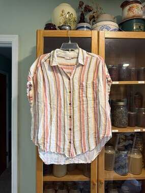 SO Women's XXL Striped 100% Cotton Gauze Short Sleeve Button Down Shirt